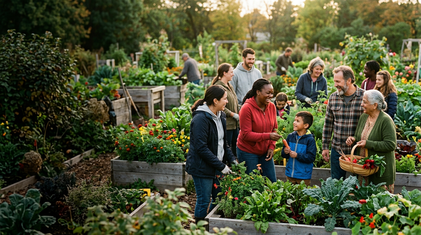 Volunteers and families gathered together in a community garden